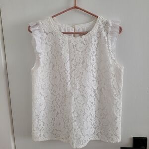 LOFT White Lace Ruffle Sleeve Blouse